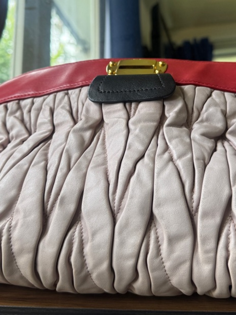 Vintage Miu Miu Soft Lavender Ruched Big Leather Clutch with Red Trim